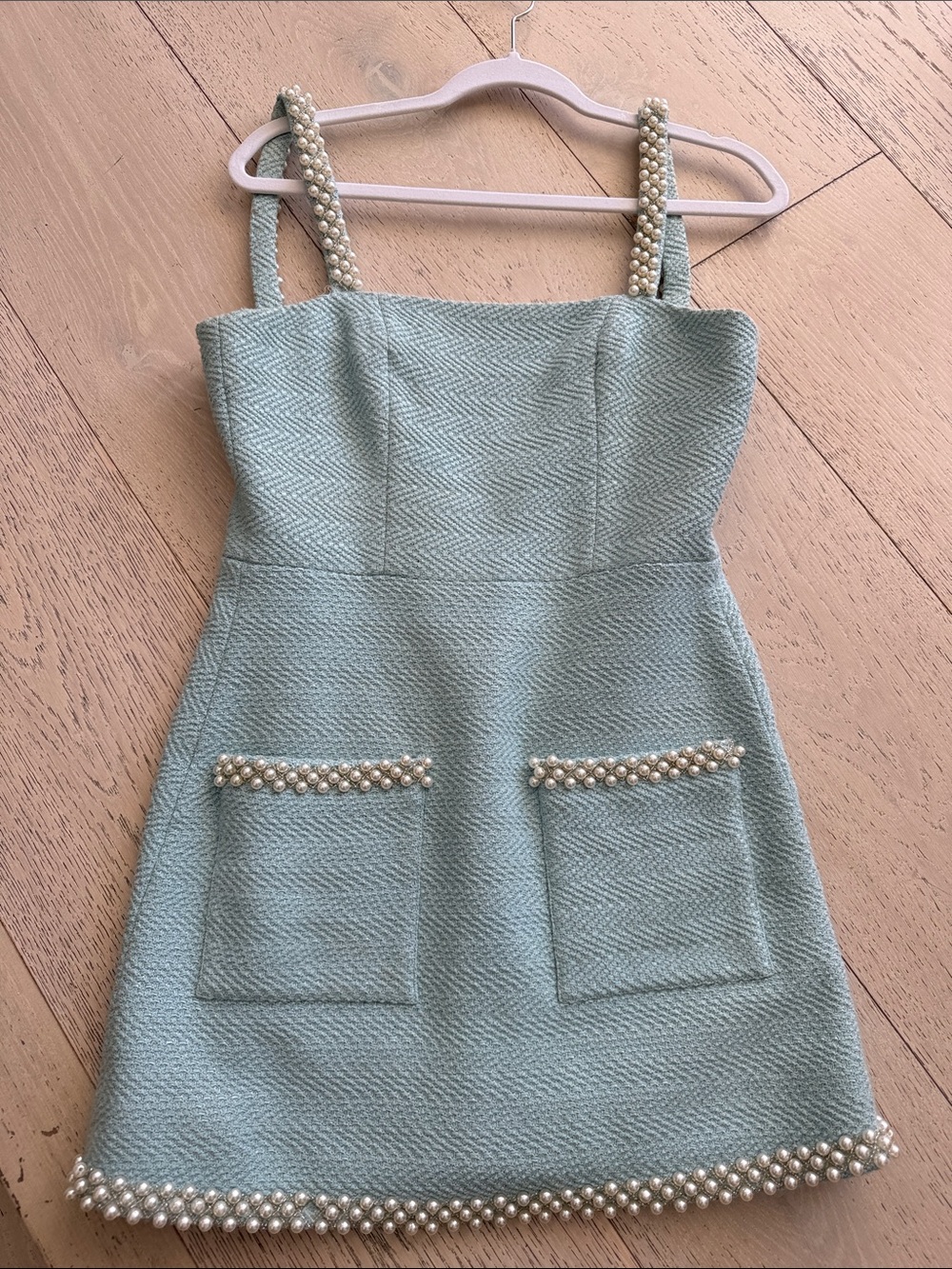 Alexis Pale Blue Pearl-Trim Mini Dress